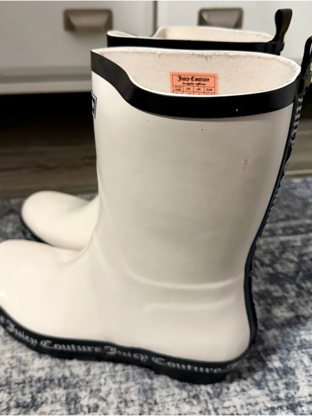 Juicy Couture Cream and Black Logo Rain Boots